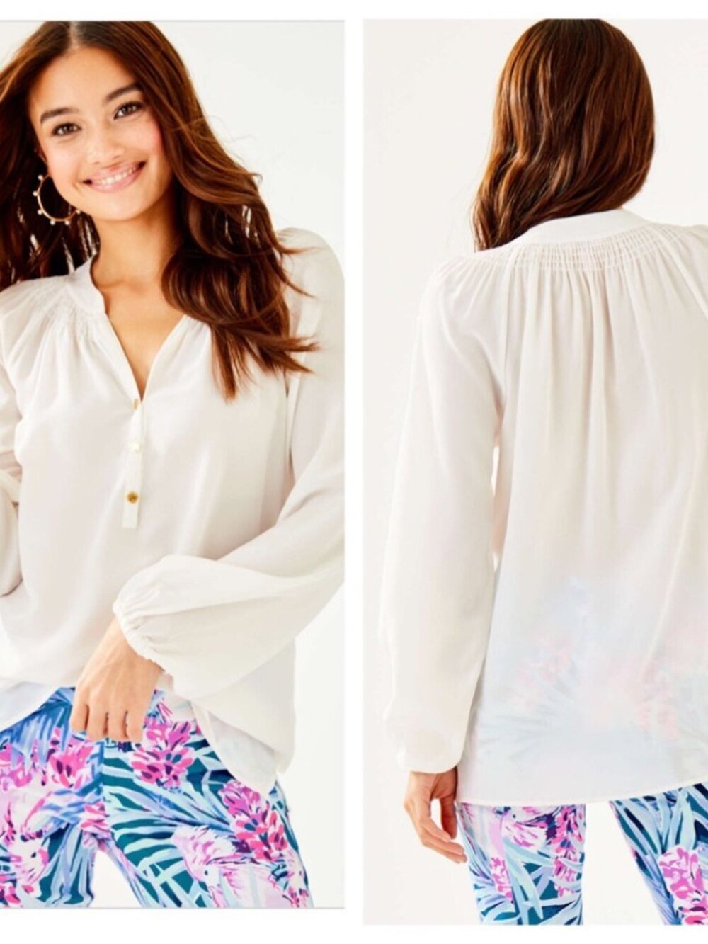 Lilly Pulitzer Silk Elsa Blouse Ivory Long Sleeves Size XS Loose Fit